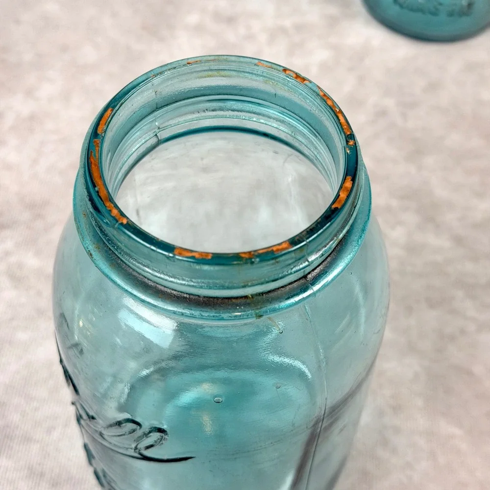 Vintage Ball Perfect Mason Jars Aqua Blue Glass Set of 3 Zinc Lids Antique Decor